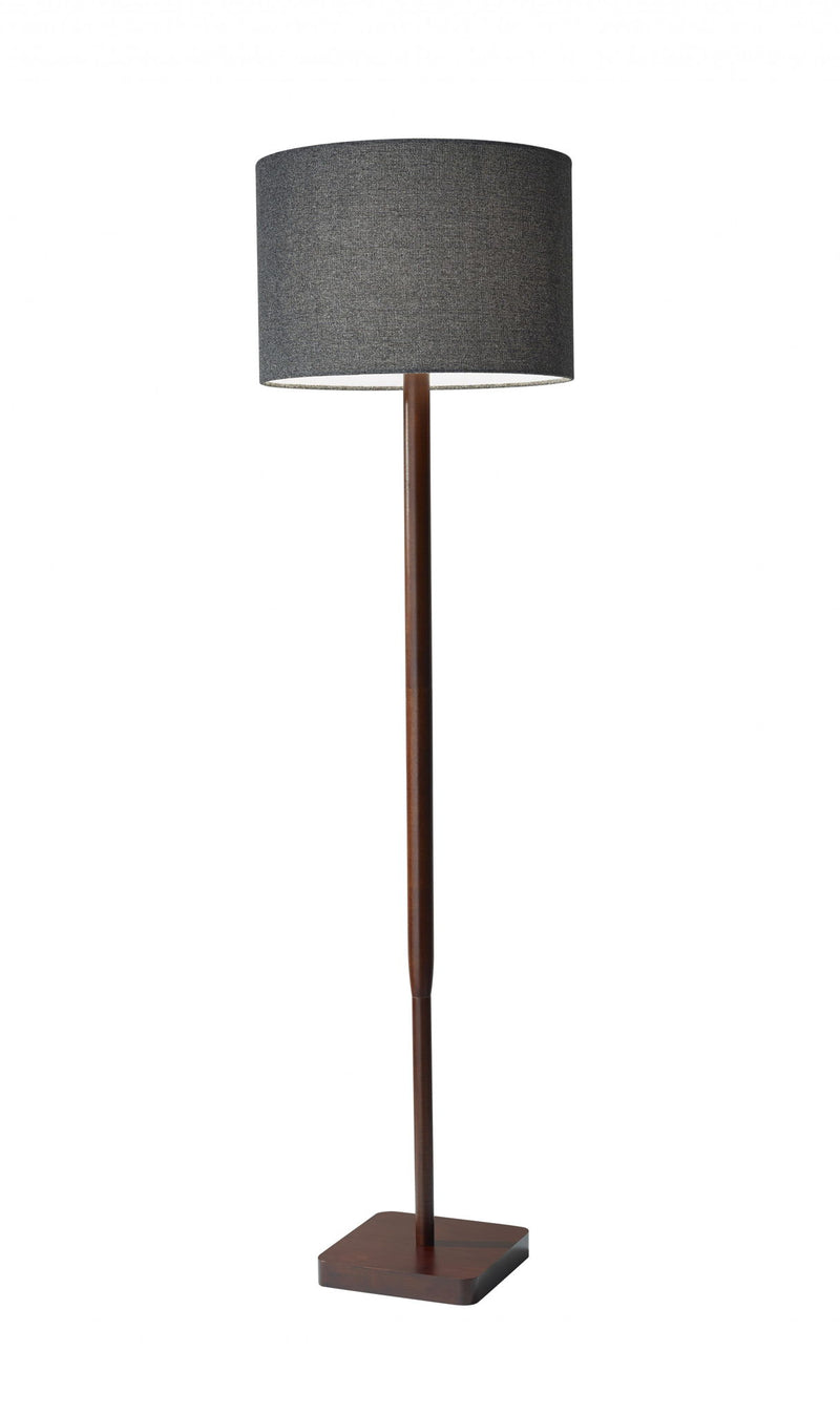 Solid Wood Floor Lamp With Dark Gray Fabric Drum Shade - Brown