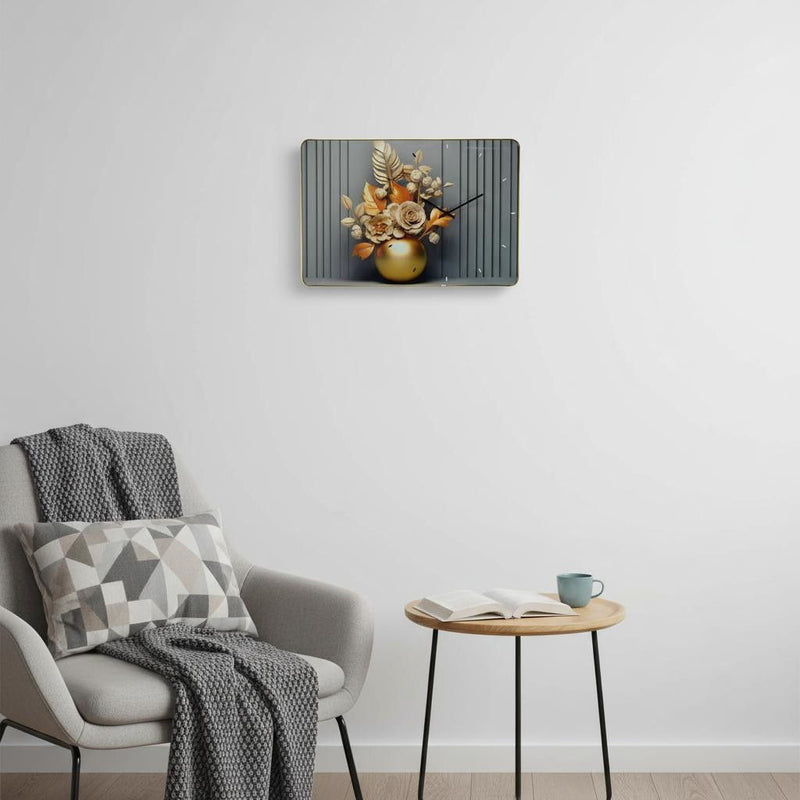 Silent Analog Floral Wall Clock - Beige / Gold / Gray