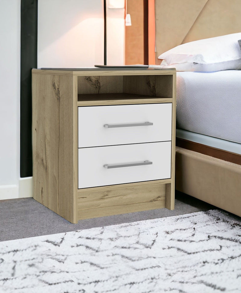 20" Two Drawer Faux Wood Nightstand - White / Light Brown