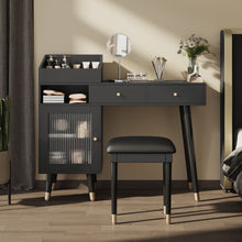 Load image into Gallery viewer, Modern Makeup Vanity Desk With Drawers Cabinet &amp; Charging Port Engineered Wood Space Saving Design For Small Places - Black
