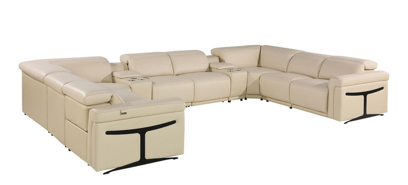 Italian Leather Power Reclining U Shaped Ten Piece Corner Sectional With Console - Beige