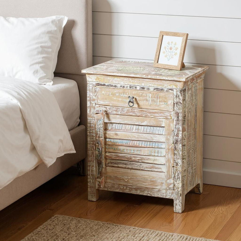 24" x 18" x 30" One Drawer Shutter Solid Wood Nightstand - Distressed White