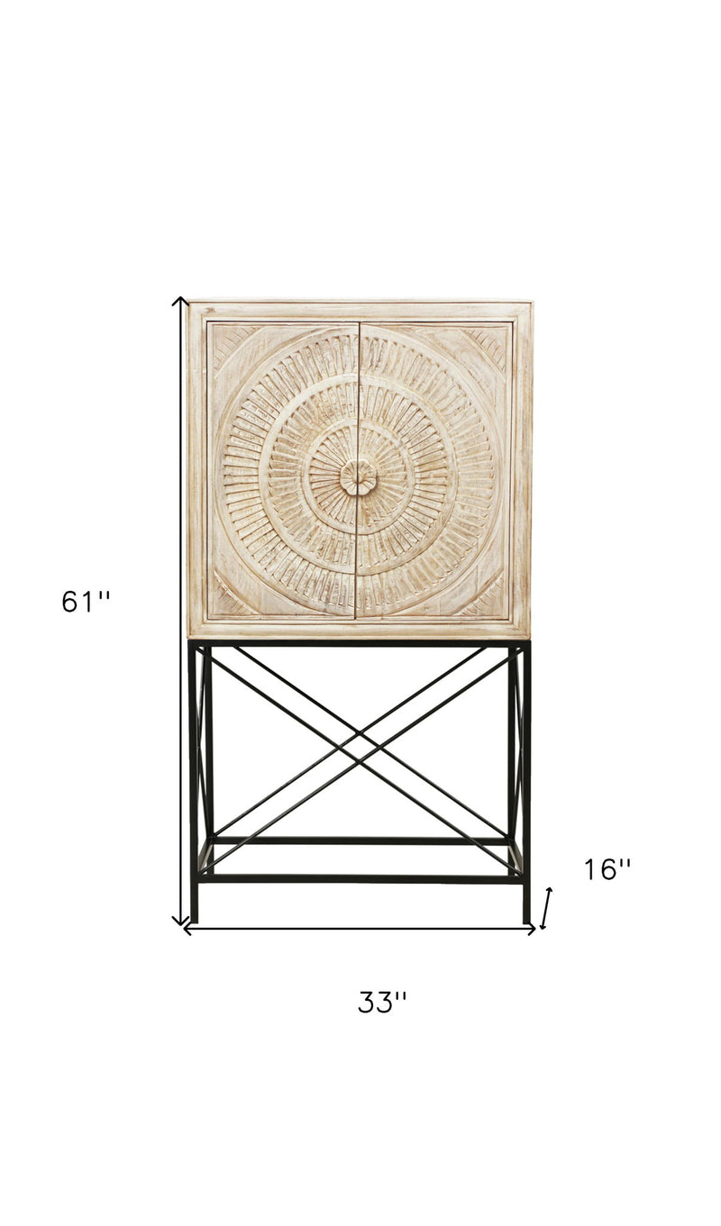 Solid Wood Two Door Floral Carved Wine Cabinet - Distressed White