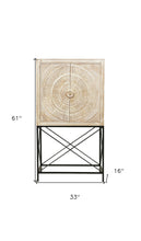 Load image into Gallery viewer, Solid Wood Two Door Floral Carved Wine Cabinet - Distressed White
