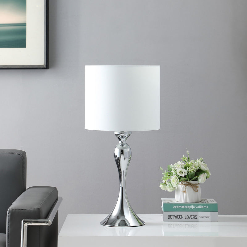 Sleek Table Lamp With Off-White Drum Shade - Silver