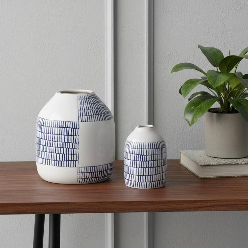 Checkered Round Table Vases (Set of 2) - Blue / White