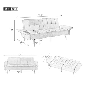 78" Italian Velvet Futon Sofa Bed, Convertible Sleeper Loveseat Couch with Folded Armrests and Storage Bags for Living Room and Small Space, Grey 280g velvet