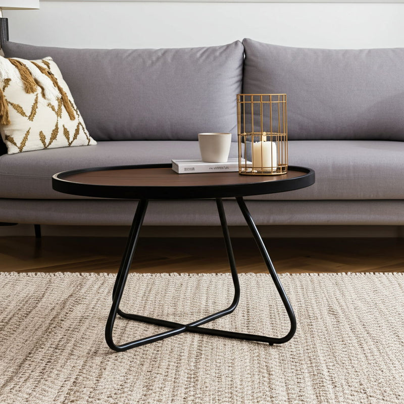 28" Wood And Metal Round Cross Legs Coffee Table - Brown And Black