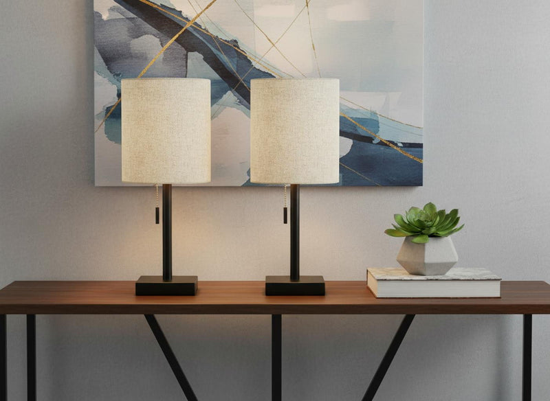 Metal Candlestick USB Table Lamps With Beige Drum Shade (Set of 2) - Black