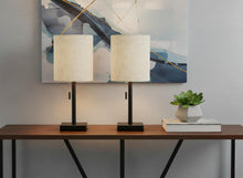 Load image into Gallery viewer, Metal Candlestick USB Table Lamps With Beige Drum Shade (Set of 2) - Black
