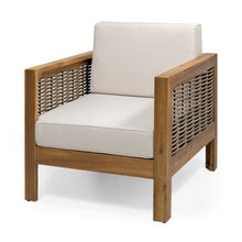 Load image into Gallery viewer, Outdoor Acacia Wood Club Chair with Wicker Accents, Teak Finish + Mixed Brown + Beige, 30.25&quot;D x 27.5&quot;W x 23.75&quot;H
