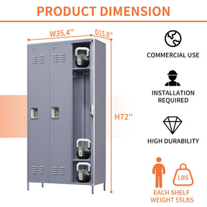 3 Door Lockers With Lock For Home, Gym, Office, School, And Garage - Gray