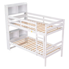 Load image into Gallery viewer, Twin Over Twin Bunk Beds with Bookcase Headboard, Solid Wood Bed Frame with Safety Rail and Ladder, Kids/Teens Bedroom, Guest Room Furniture, Can Be converted into 2 Beds, White
