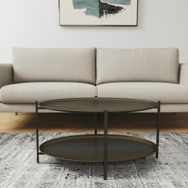 26" Antiqued Steel Oval Two Tier Coffee Table - Bronze