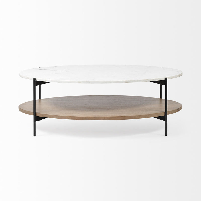 Oval Marble Top And Black Metal Base Coffee Table W Wood Shelf - White