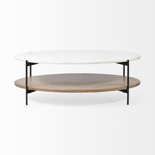 Load image into Gallery viewer, Oval Marble Top And Black Metal Base Coffee Table W Wood Shelf - White

