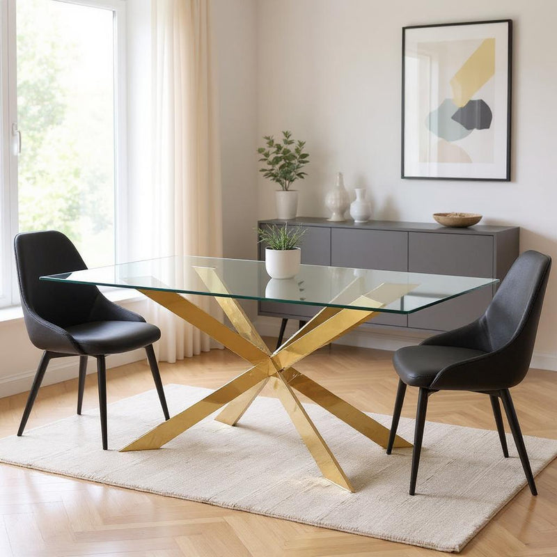 72" Glass And Metal Cross Leg Base Dining Room Table - Clear