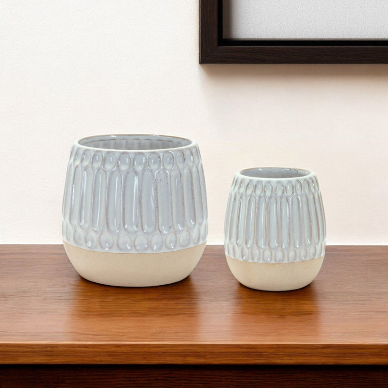 Ribbed Round Porcelain Table Vase (Set of 2) - Beige / White