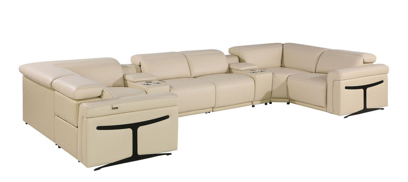 Power Reclining Italian Leather Eight Piece Corner Sectional With Console - Beige