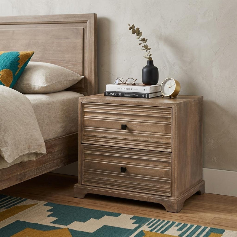 Solid Wood Distressed Two Drawer Nightstand - Light Brown