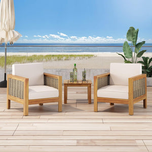 Outdoor Acacia Wood Club Chair with Wicker Accents, Teak Finish + Mixed Brown + Beige, 30.25"D x 27.5"W x 23.75"H