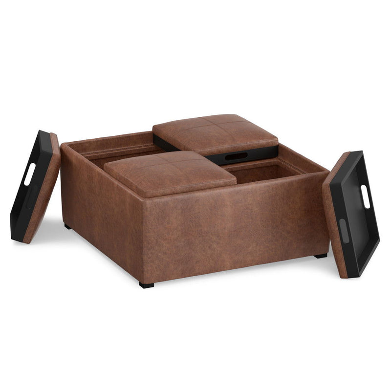 35" Leather Cocktail Ottoman With Storage - Brown / Black