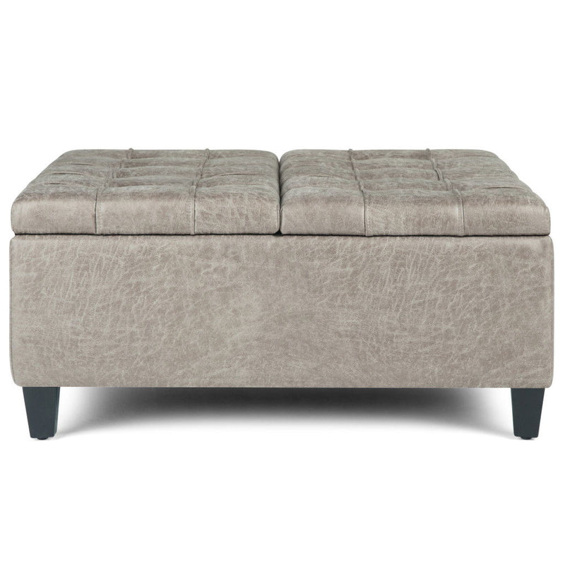 Transitional Leather Cocktail Ottoman With Storage - Gray / Espresso