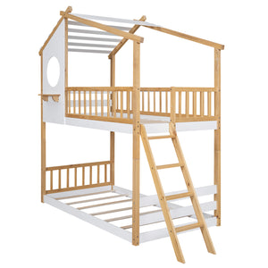 Twin Over Twin Bunk Bed Wood Bed with Roof, Window, Ladder,Natural(OLD SKU :LT100008AAD)