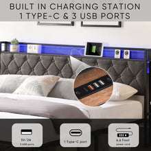 Load image into Gallery viewer, King Bed Frame with Storage Headboard, Charging Station and LED Lights, Upholstered Platform Bed with Heavy Metal Slats, No Box Spring Needed, Noise Free, Easy Assembly, Dark Gray

