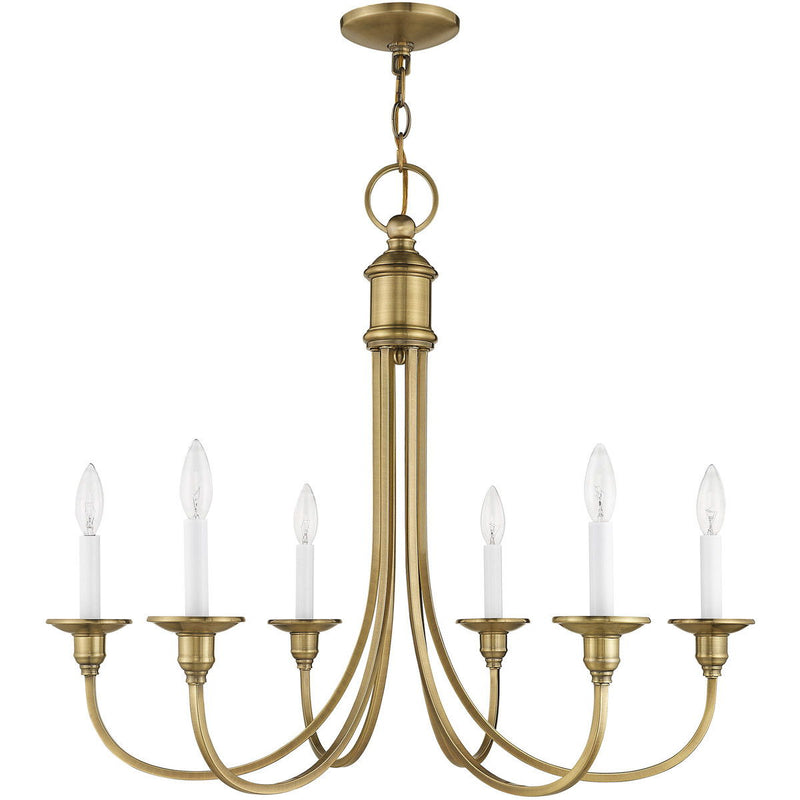 Six Light Metal Dimmable Chandelier With Shades - Antiqued Brass