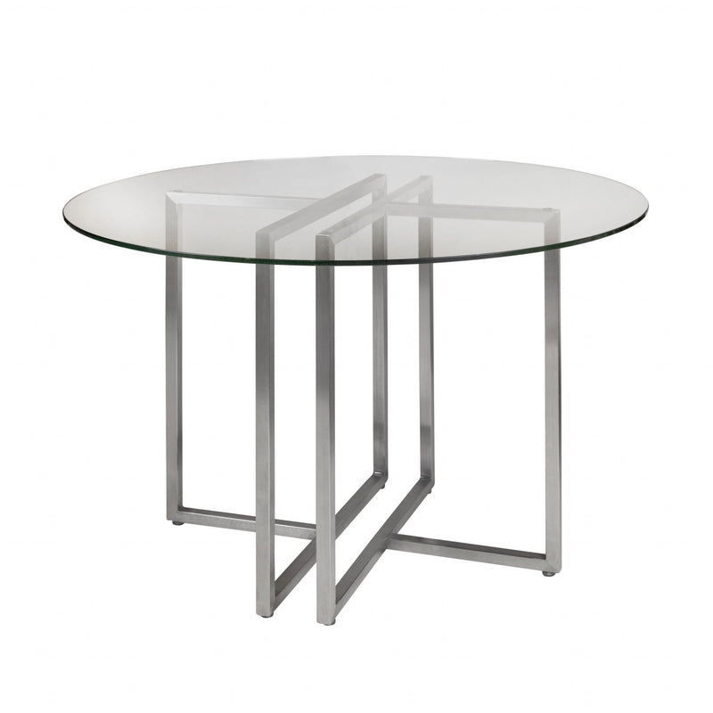 42" Rounded Glass And Metal Trestle Base Dining Table - Clear