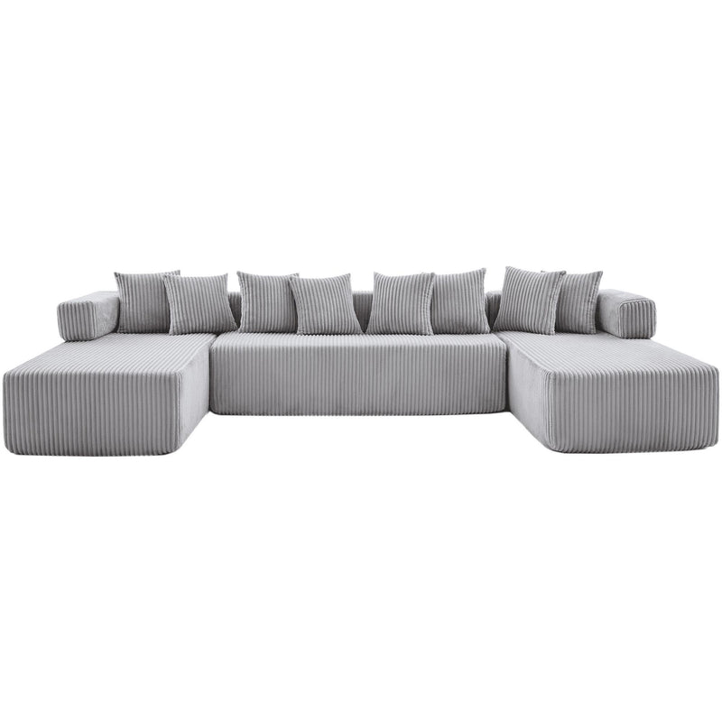 Corduroy Modular U Shaped Three Piece Corner Sectional With Console And Toss Pillows - Light Gray