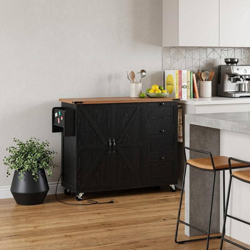 Brown And Wood Flat Door Rolling Kitchen Cart With Storage With USB (755921) - Black