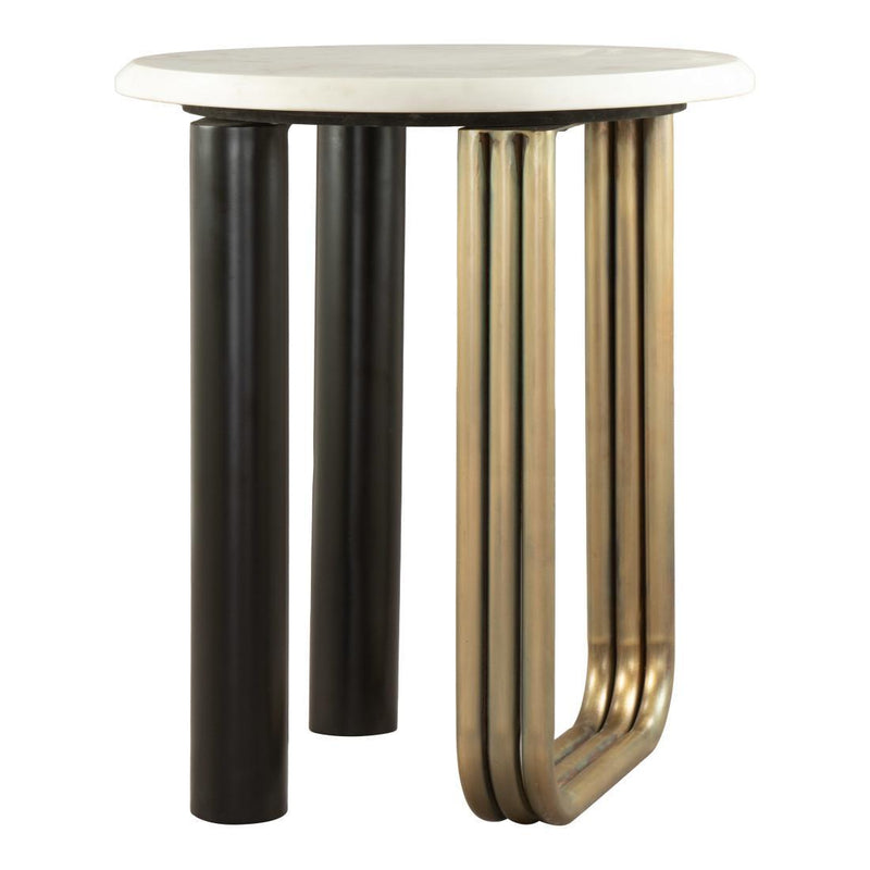 Marble And Iron Round Sled End Table - White Black And Gold