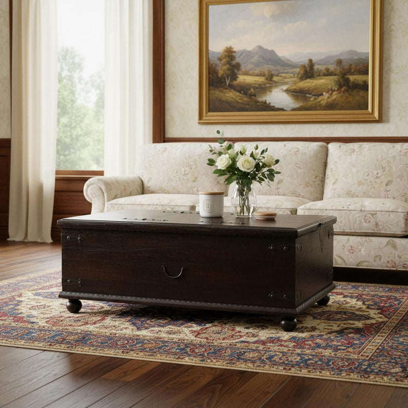 Solid Wood Distressed Lift Top Trunk Coffee Table - Dark Brown