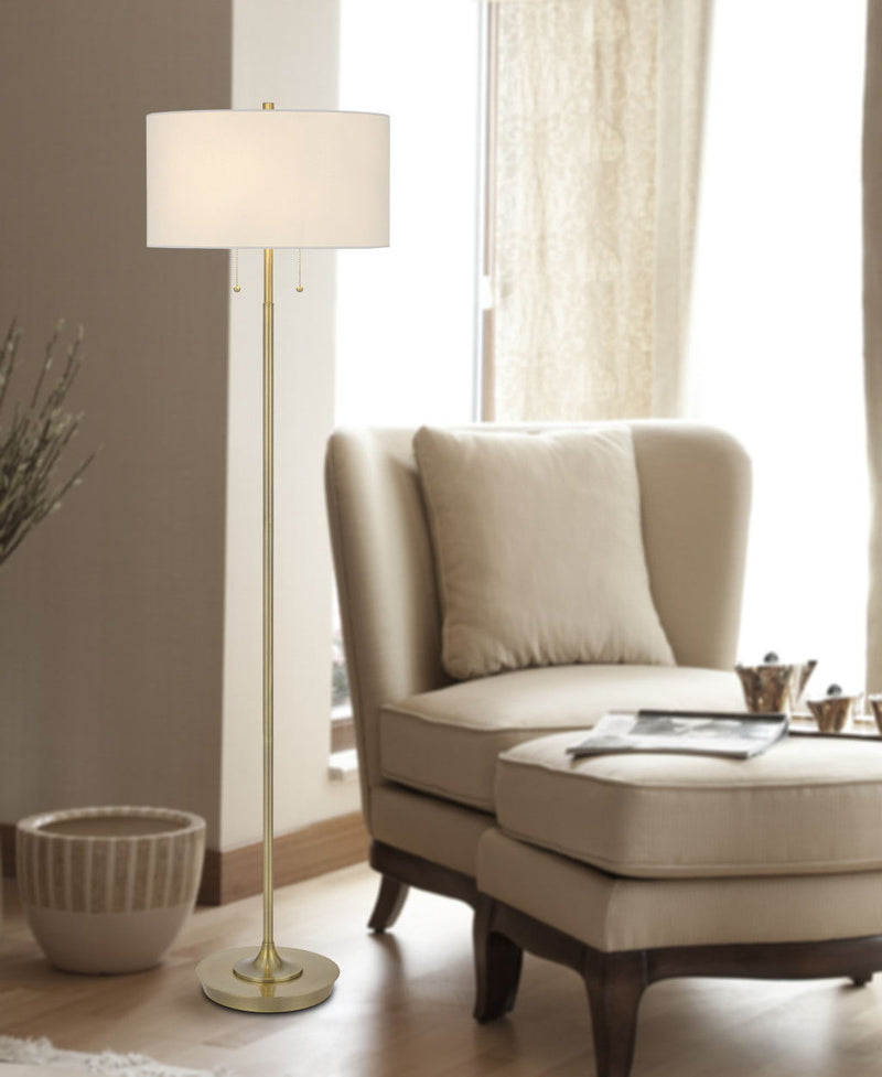Two Light Traditional Shaped Floor Lamp With White Rectangular Shade - Brass