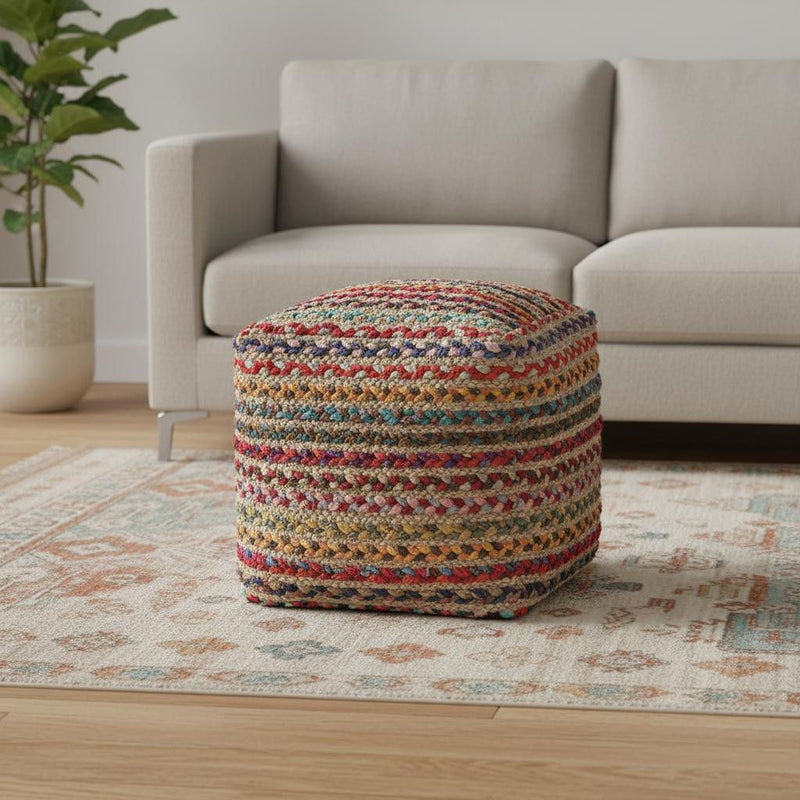 Braided Jute Polyester Striped Pouf Ottoman - Rainbow