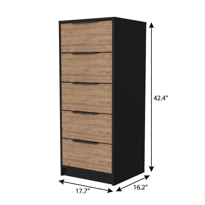 Wood Five Drawer Dresser - Black And Light Brown