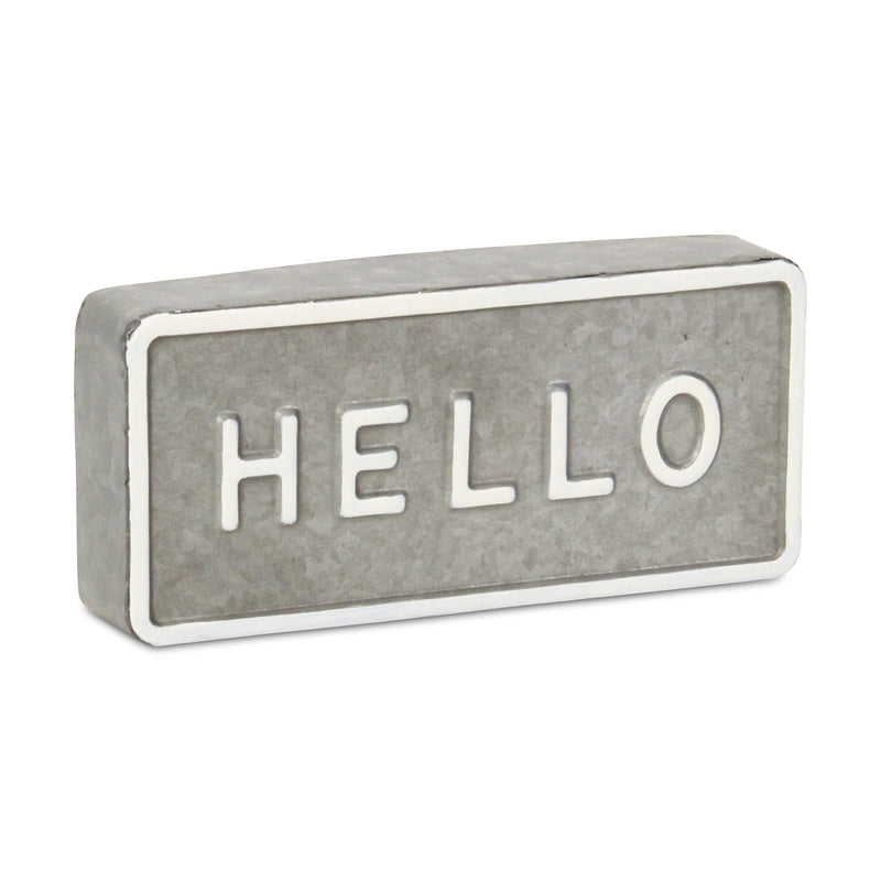 Galvanized Hello Hand Painted Tabletop Sign - Gray / White