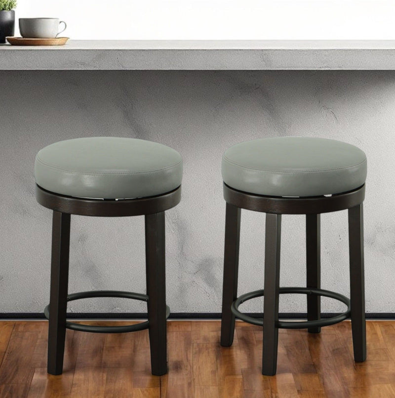 Faux Leather And Solid Wood Swivel Backless Counter Height Bar Chairs (Set of 2) - Gray And Espresso