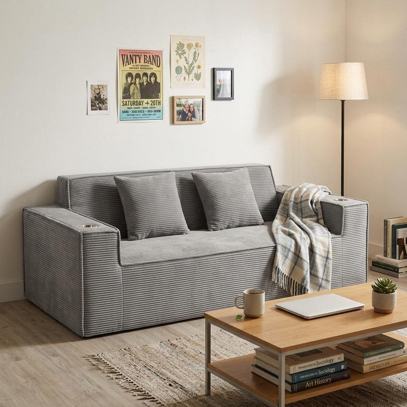 Corduroy Loveseat And Toss Pillows - Gray