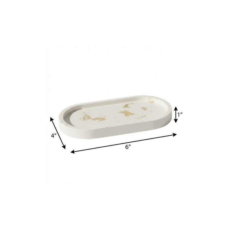 Resin Handmade Oval Trinket Tray - White / Gold