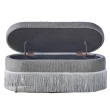 Load image into Gallery viewer, Oval Upholstered Storage Ottoman With Fringe Trim &amp; Lift Top Lid
