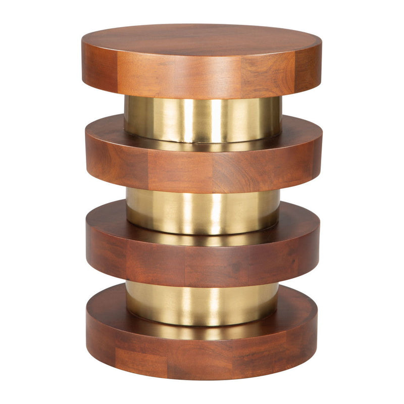 20" Solid Wood And Iron Round Pedestal End Table - Brown And Gold