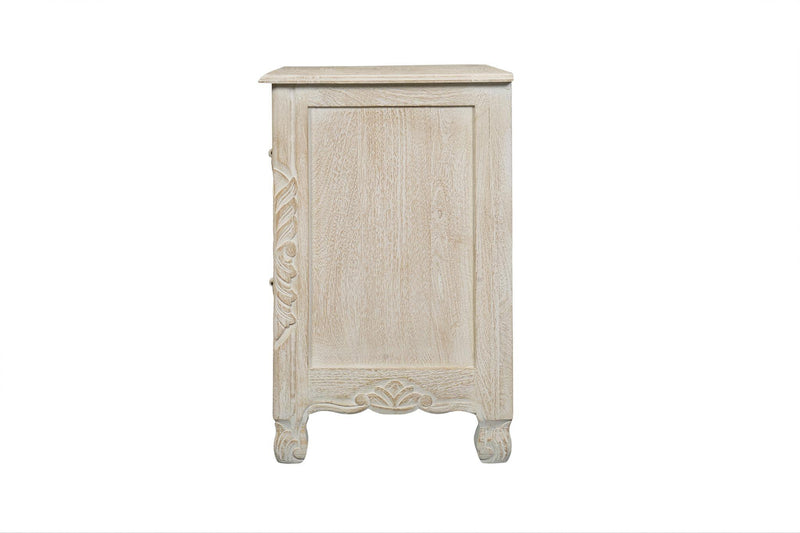 Solid Wood Square Distressed Carved Floral Two Drawer Nightstand - White