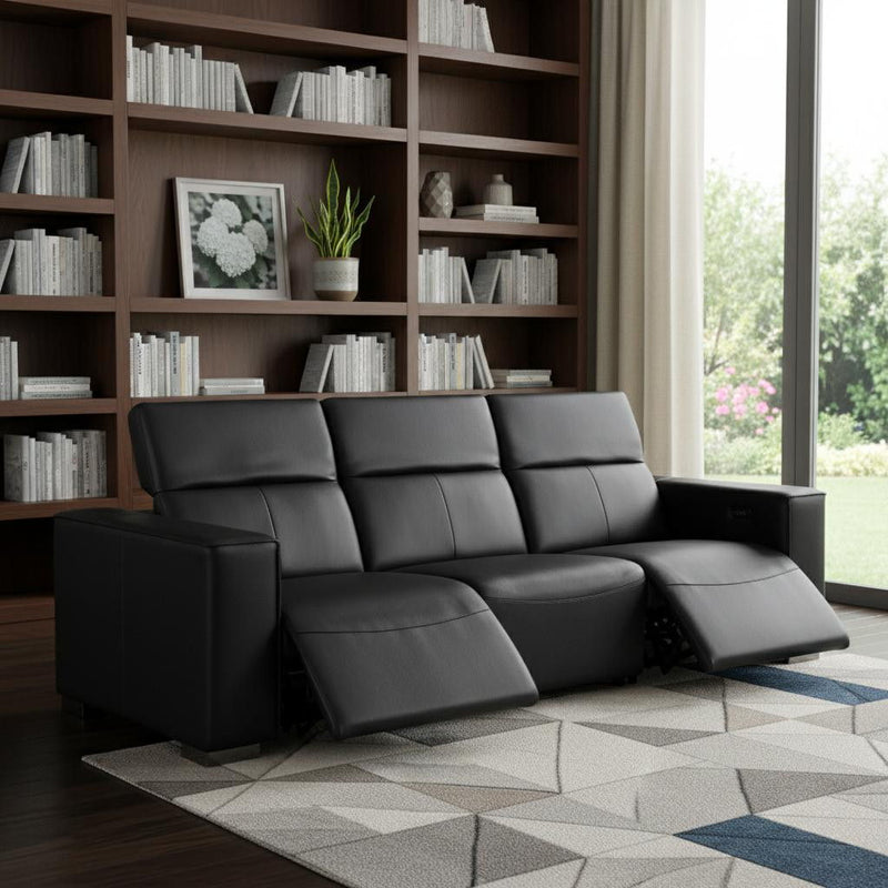Top Grain Leather Reclining Metal USB Sofa (720301) - Black