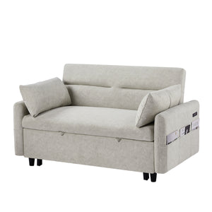 55.1" Pull Out Sleep Sofa Bed Loveseats Sofa Couch with Adjsutable Backrest, Storage Pockets, 2 Soft Pillows, USB Ports for Living Room, Bedroom, Apartment, Office, Beige (Old SKU WF307821AAA)