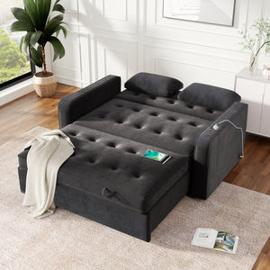 65.7" Velvet Upholstered Sleeper Bed , Pull Out Sofa Bed Couch attached two throw pillows,Dual USB Charging Port and Adjustable Backrest for Living Room Space, Black