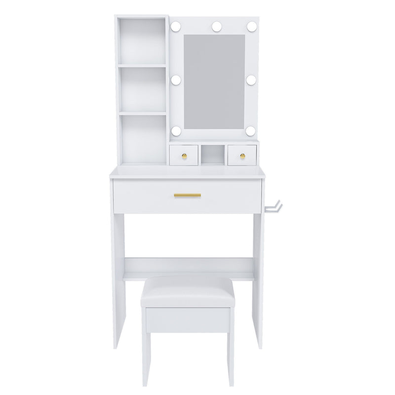 Mirrored Three Drawer Vanity Table Lights - White