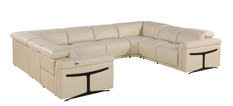Power Reclining Italian Leather U Shaped Eight Piece Corner Sectional With Console - Beige